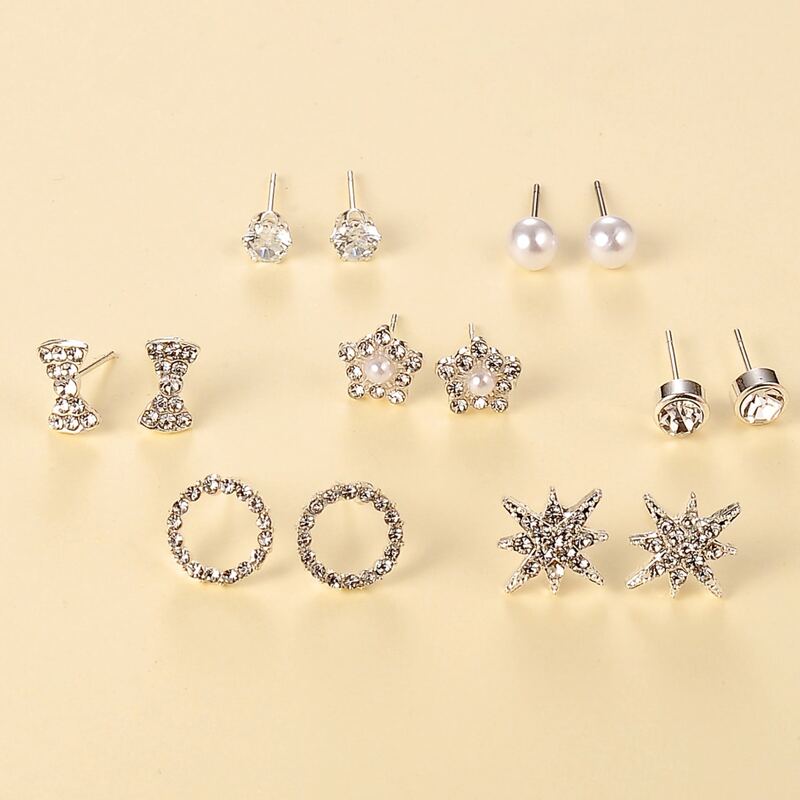 

7pairs Rhinestone Engraved Stud Earrings, Silver