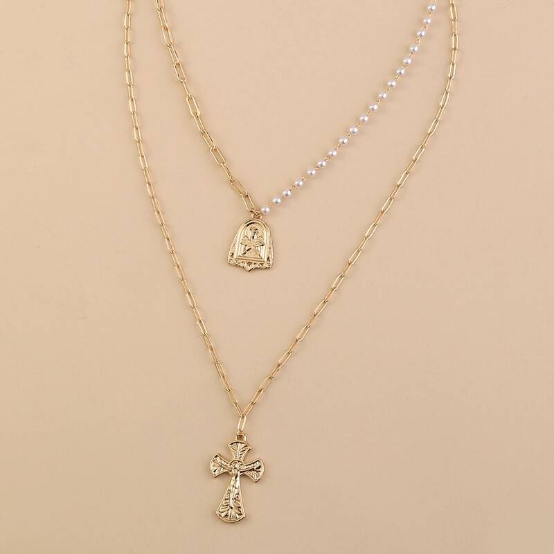 

Cross Charm Layered Necklace, Gold