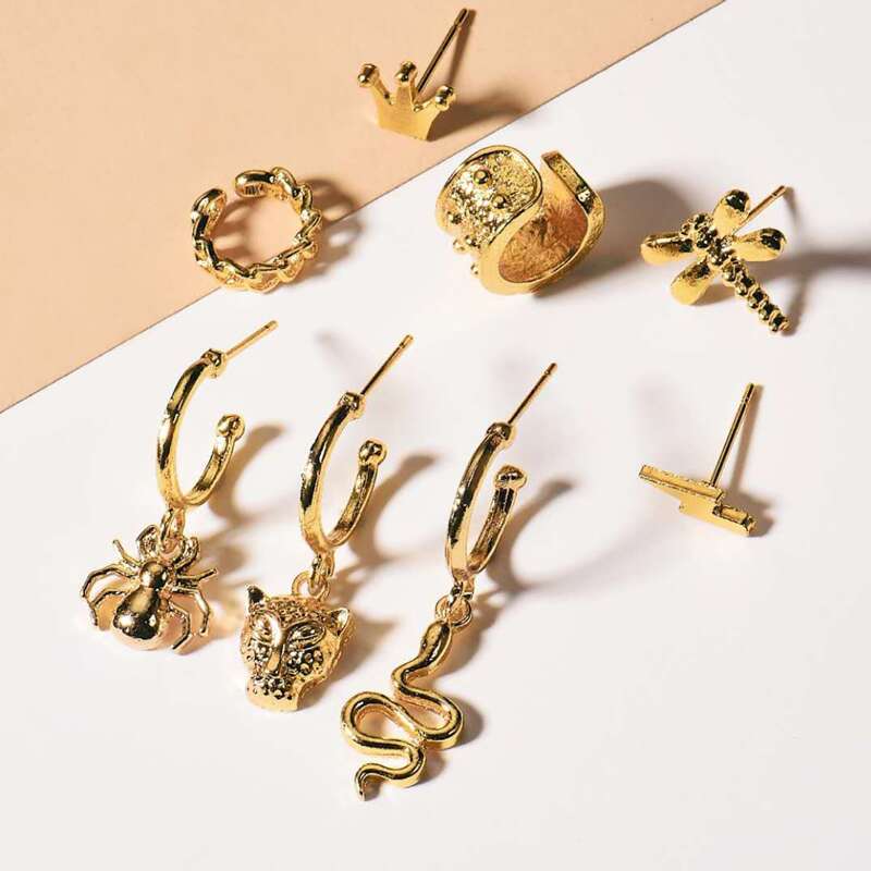 

8pcs Animal Design Earrings, Gold