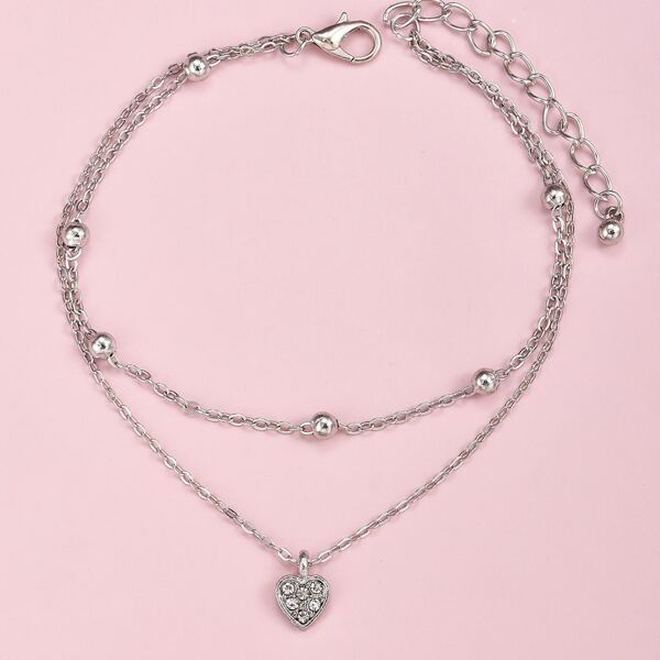

Heart Charm Layered Anklet, Silver
