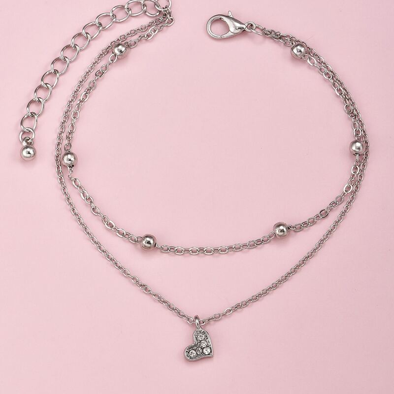 

Heart Charm Layered Anklet, Silver