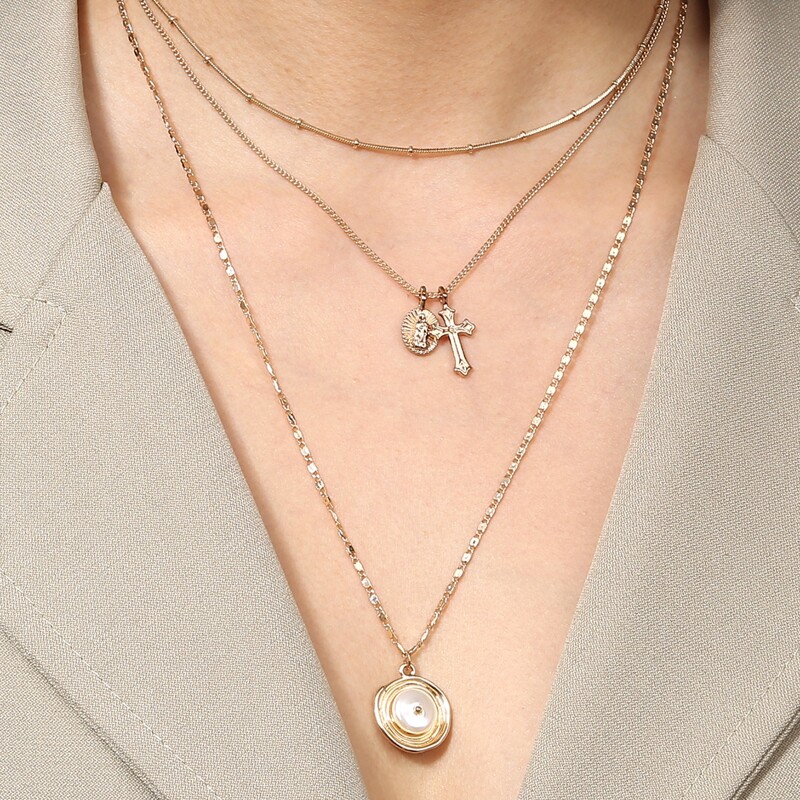 

Cross Charm Layered Necklace, Gold