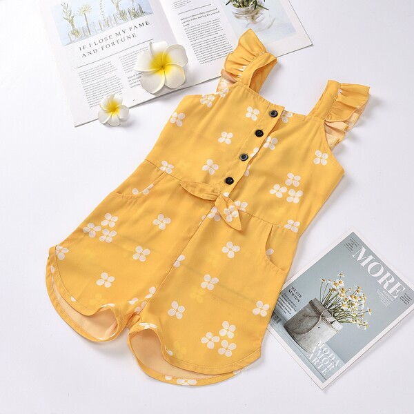 

Toddler Girls Floral Ruffle Half Button Chiffon Romper, Yellow