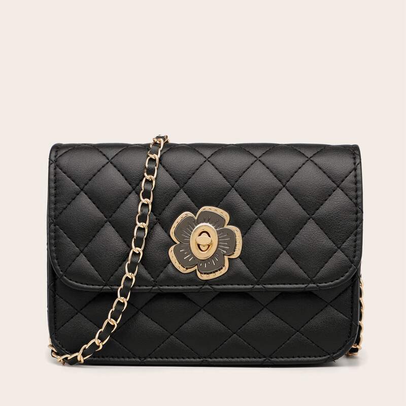 

Metal Flower Decor Quilted Crossbody Bag, Black