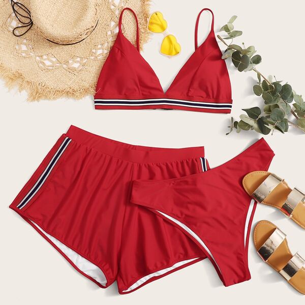 

3pack Plus Striped Tape Co-ord Bikini Swimsuit, Red