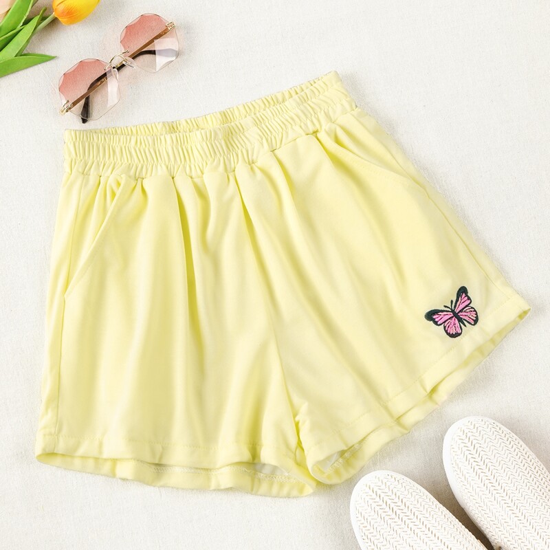 

Butterfly Embroidery Elastic Waist Shorts, Yellow