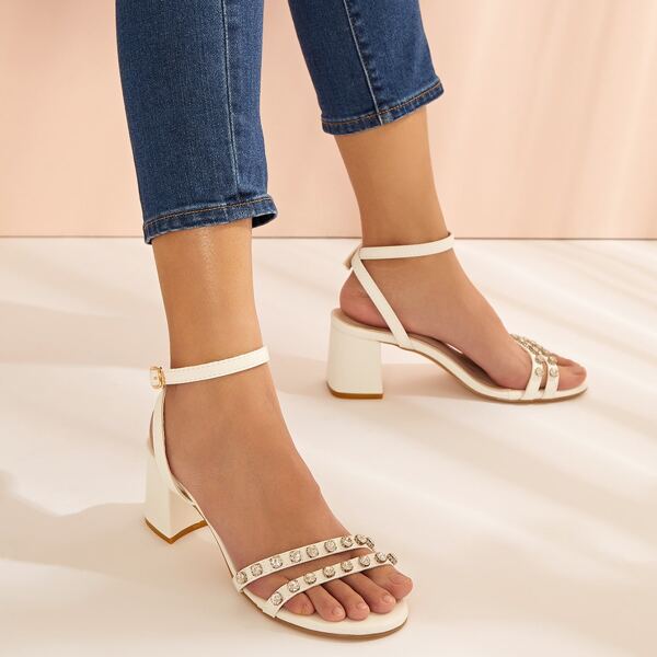 

Open Toe Rhinestone Decor Chunky Heels, Beige