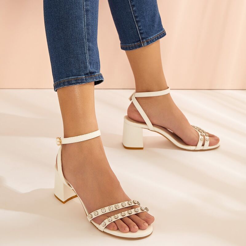 

Open Toe Rhinestone Decor Chunky Heels, Beige