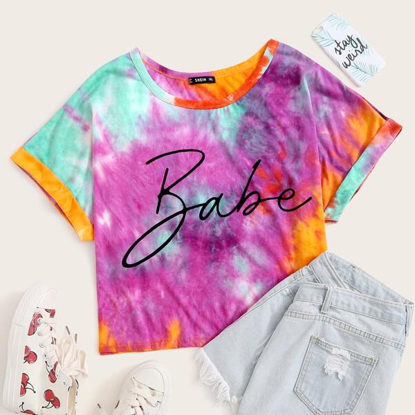 

Plus Letter Graphic Tie Dye Cuffed Top, Multicolor
