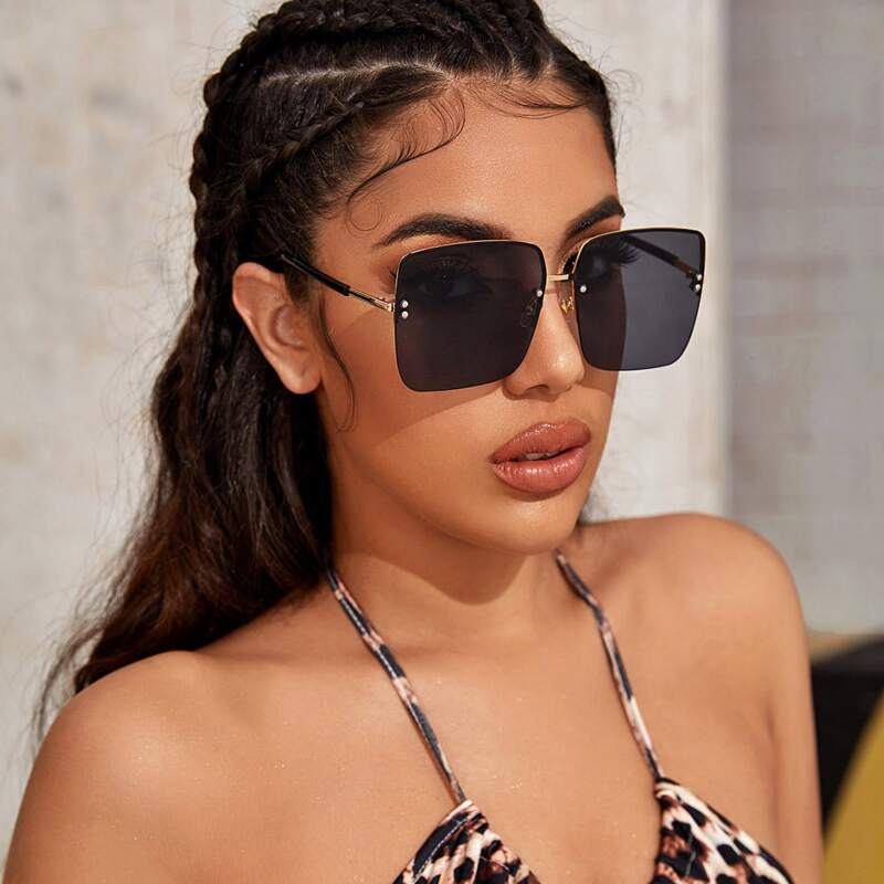 

Rimless Square Lens Sunglasses With Case, Black