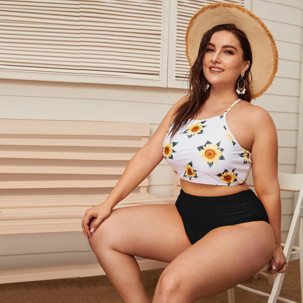 

Plus Sunflower Print High Waisted Bikini Swimsuit, Multicolor