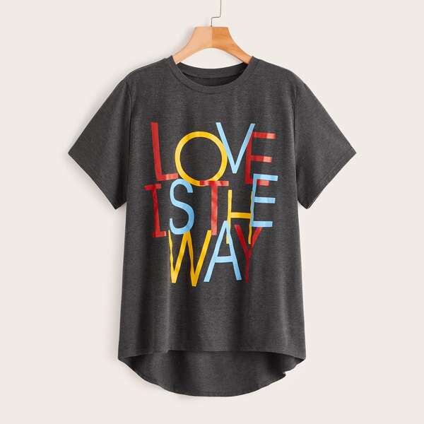 

Асимметричная футболка размера плюс с текстовым принтом, Серые