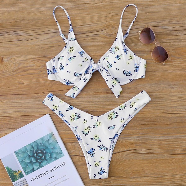 

Floral Tie Front Underwire High Cut Bikini Swimsuit, Multicolor