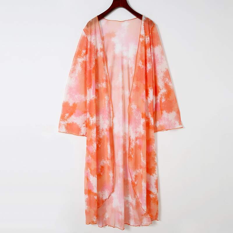 

Tie Dye Lettuce Trim Mesh Kimono, Orange