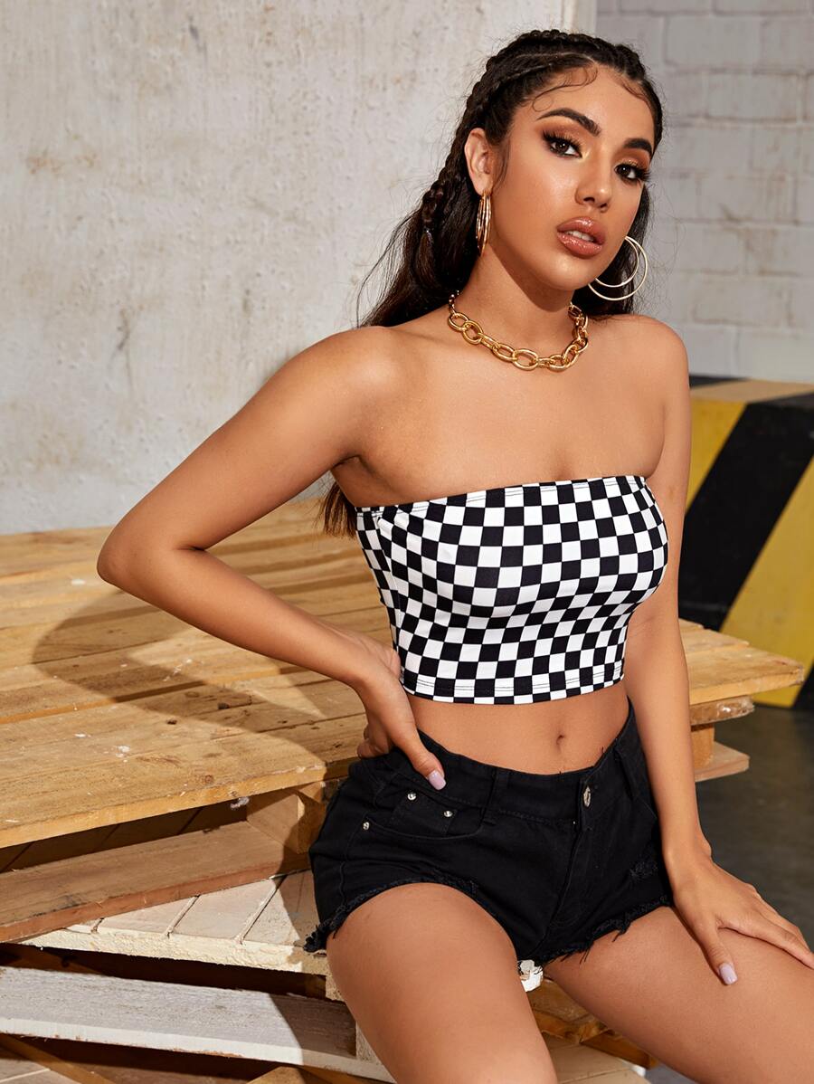 SHEIN EZwear Checkered Tube Top - Black and White - View 1