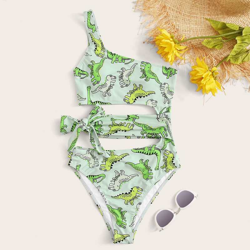 

Cartoon Dinosaur Cut-out One Piece Swimsuit, Green