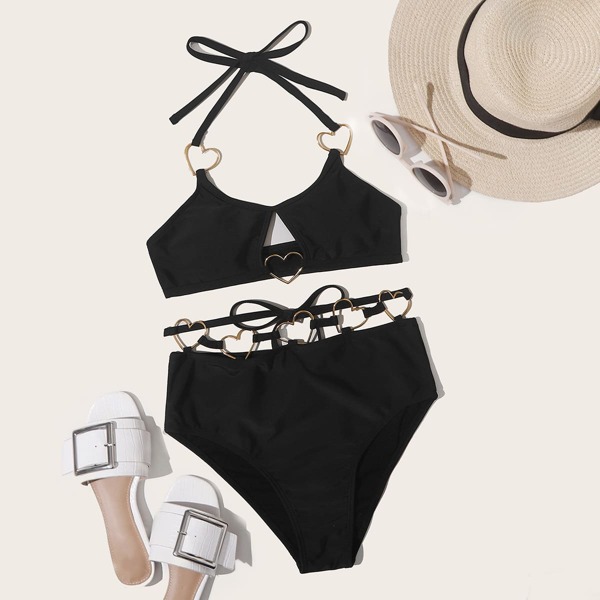

Heart Ring Linked Halter Bikini Swimsuit, Black
