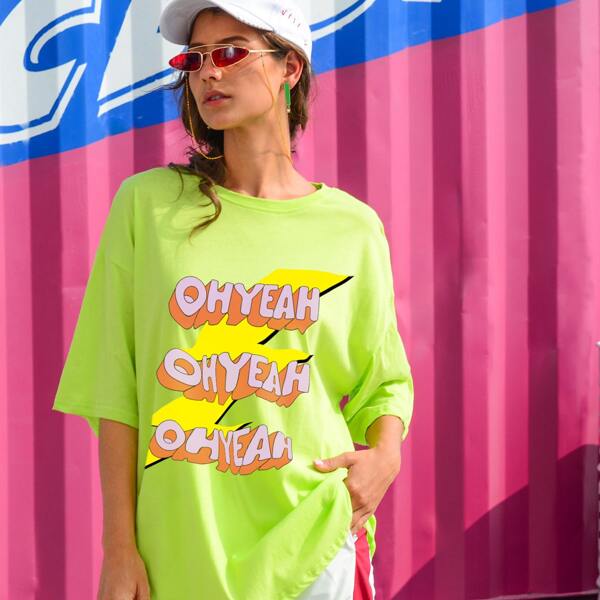 

Lightning And Letter Graphic Drop Shoulder Tee, Green bright