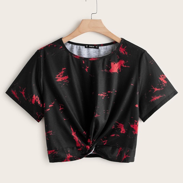 

Plus Paint Splatter Twist Hem Tee, Black