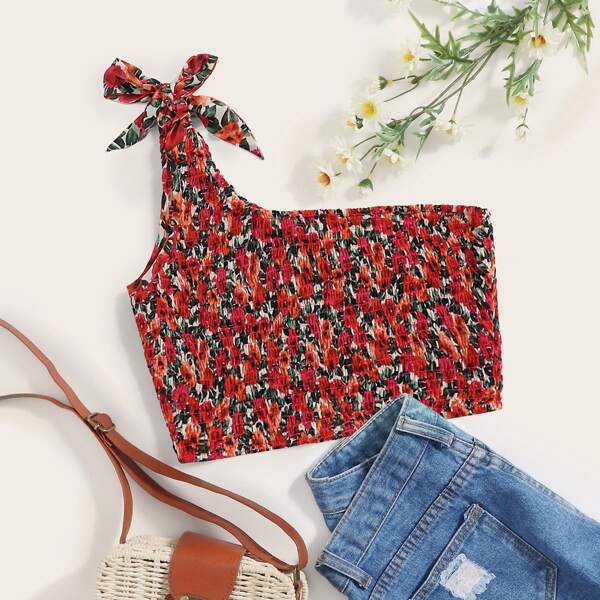

Tied One Shoulder Shirred Ditsy Floral Crop Top, Multicolor