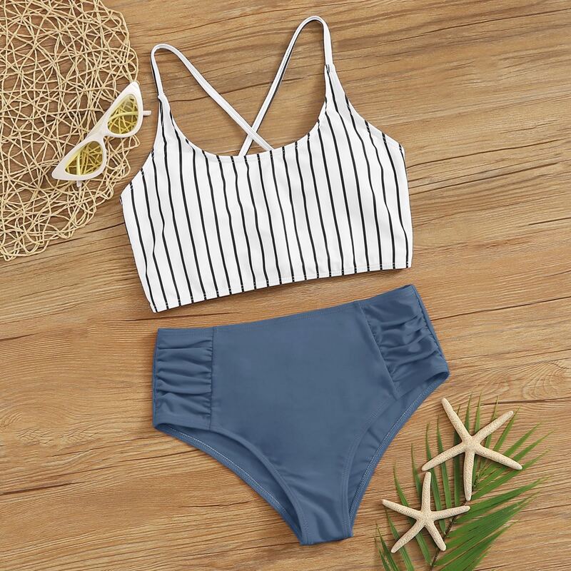 

Striped Ruched High Waist Bikini Swimsuit, Multicolor