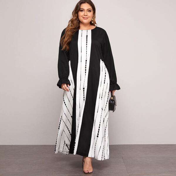 

Plus Color-block Geo Print Tunic Dress, Black and white