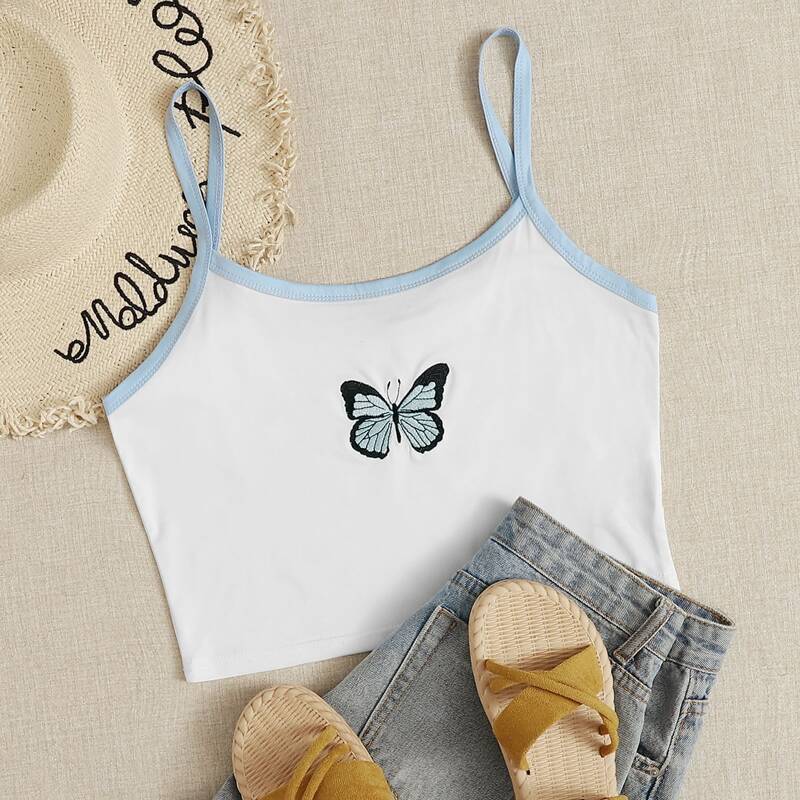 

Butterfly Embroidery Crop Cami, White