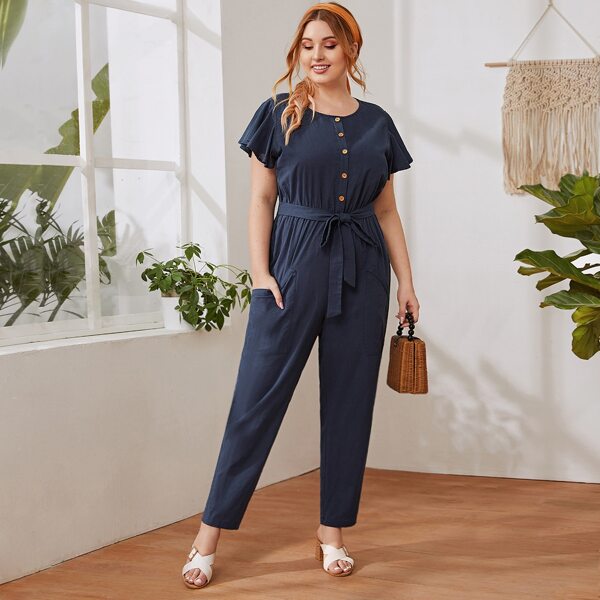 

Plus Button Front Flutter Sleeve Self Belted Jumpsuit, Navy blue