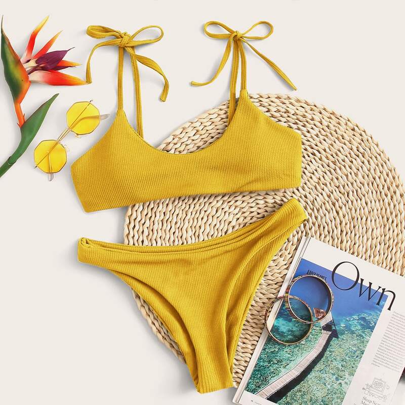 

Rib Tie Shoulder Bikini Swimsuit, Yellow
