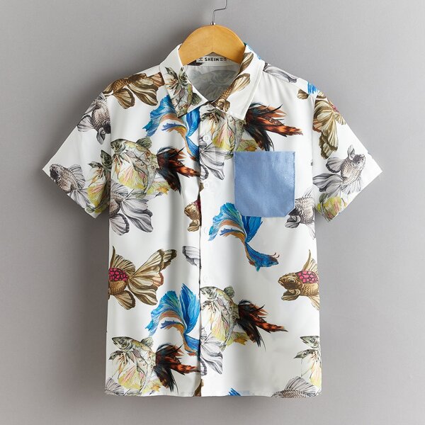 

Boys Collared Pocket Front Fish Print Shirt, Multicolor