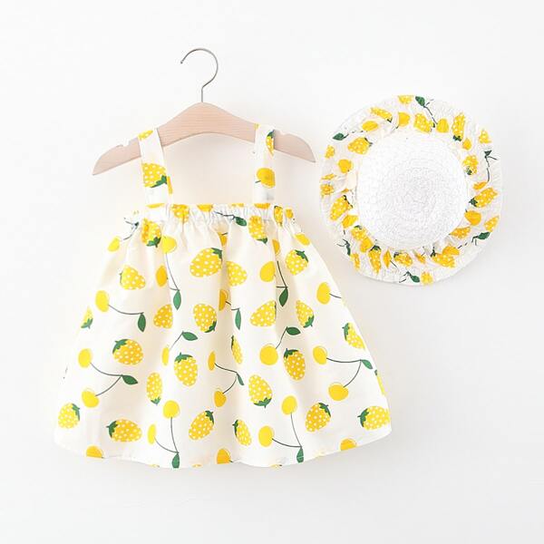 

Toddler Girls Cherry & Pineapple Print Cami Dress With Hat, Yellow