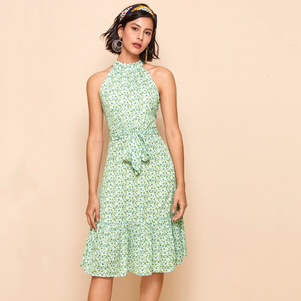 

Ditsy Floral Ruffle Hem Belted Halter Dress, Green pastel