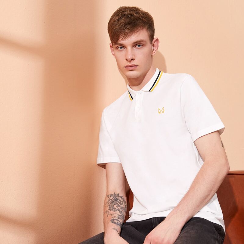 

Guys Striped Trim Collar Graphic Embroidered Polo Shirt, White