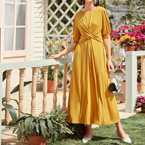 

Twist Front Solid Long Tee Dress, Yellow