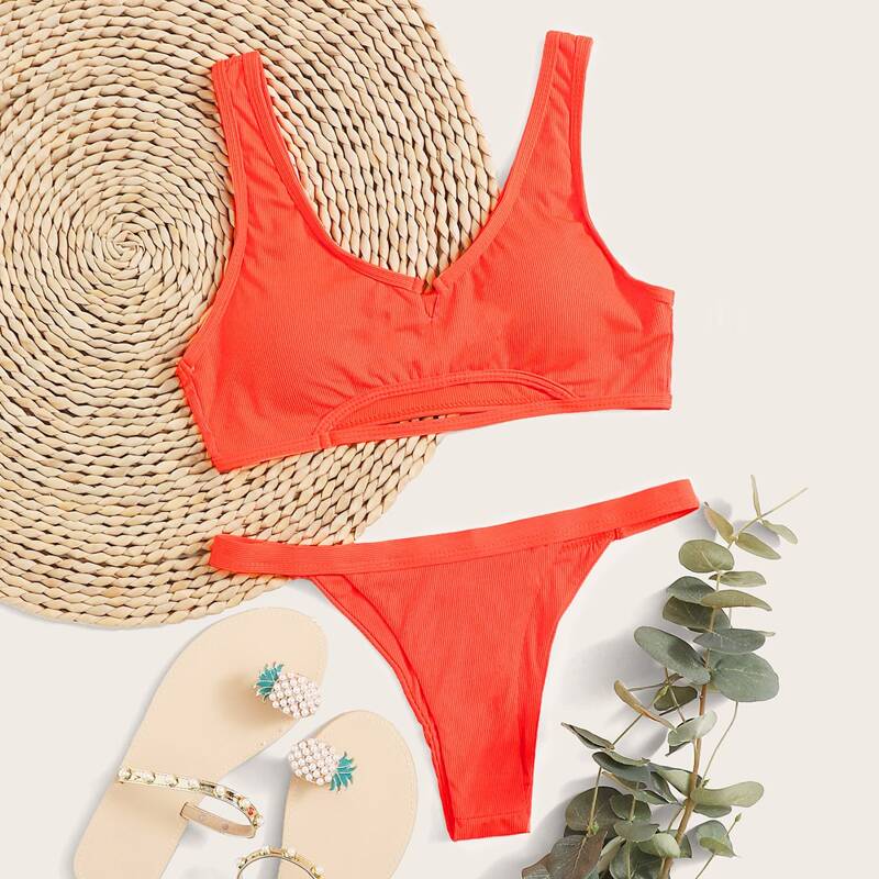 

Rib Cut-out Tanga Bikini Swimsuit, Orange