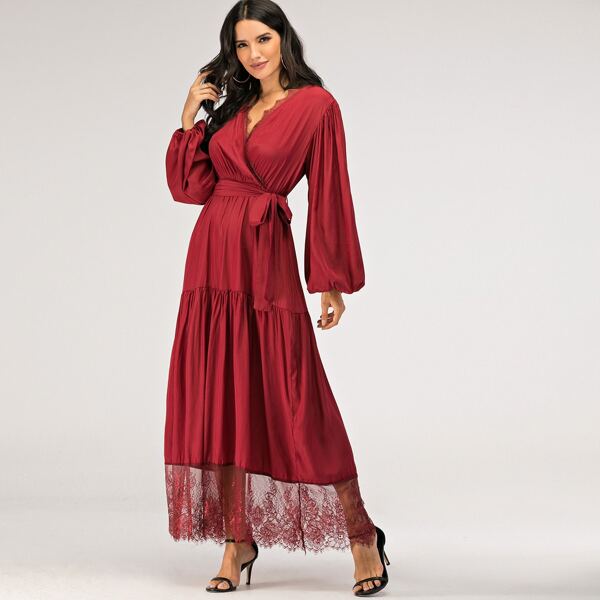 

Contrast Lace Surplice Front Belted Dress, Red