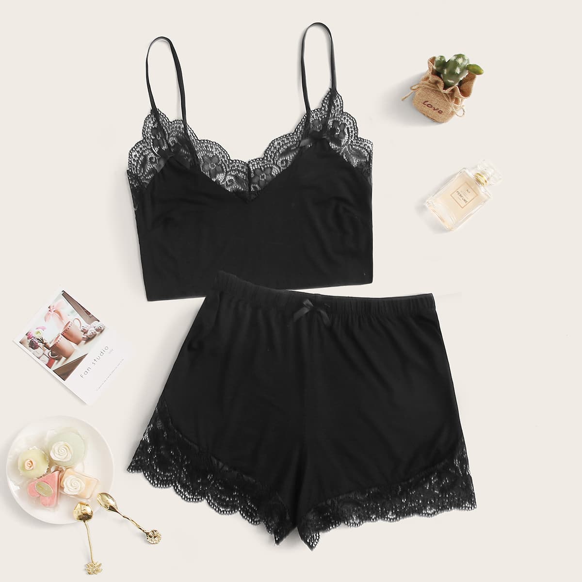 

Lace Panel Bow Front Cami PJ Set, Black