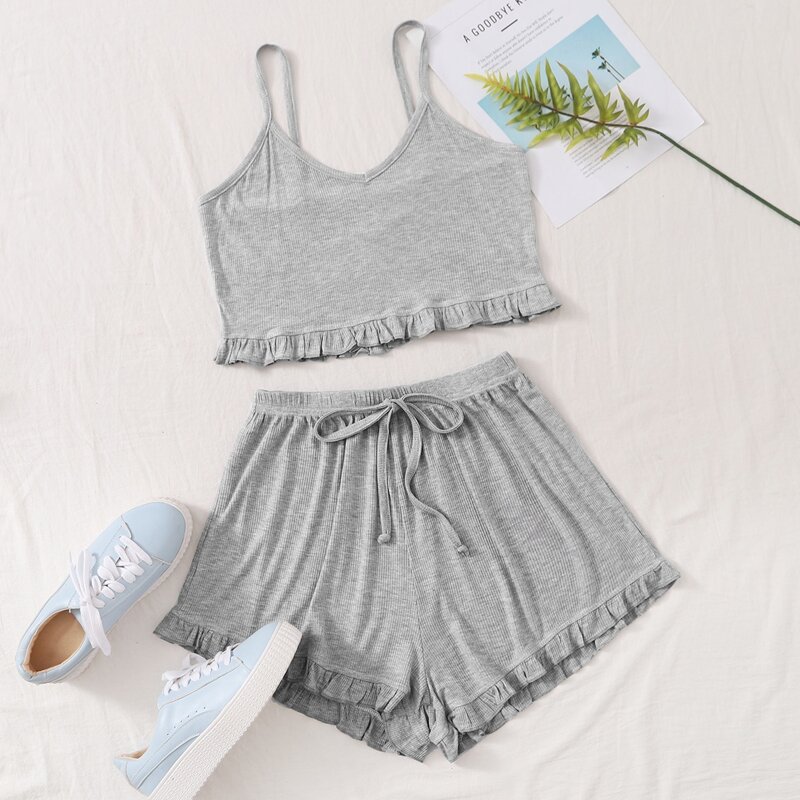 

Frill Trim Crop Cami & Shorts, Grey