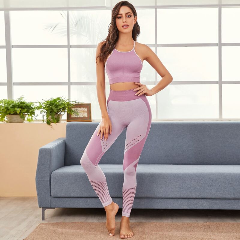 

Color Block Sports Bra With Wide Band Waist Fishnet Leggings, Multicolor