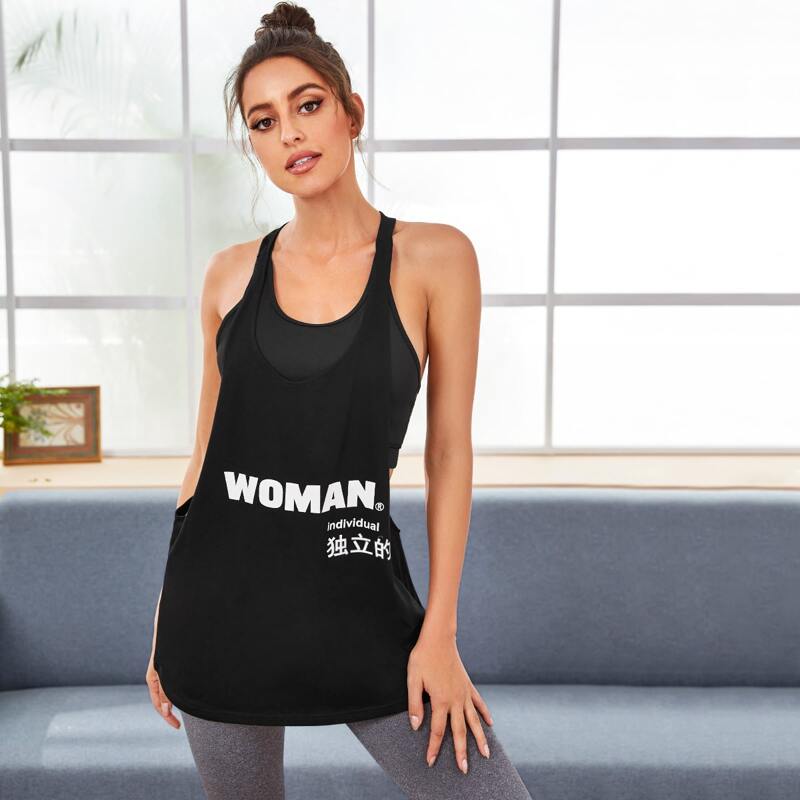

Letter Graphic Racer Back Sports Tank Top Without Bra, Black