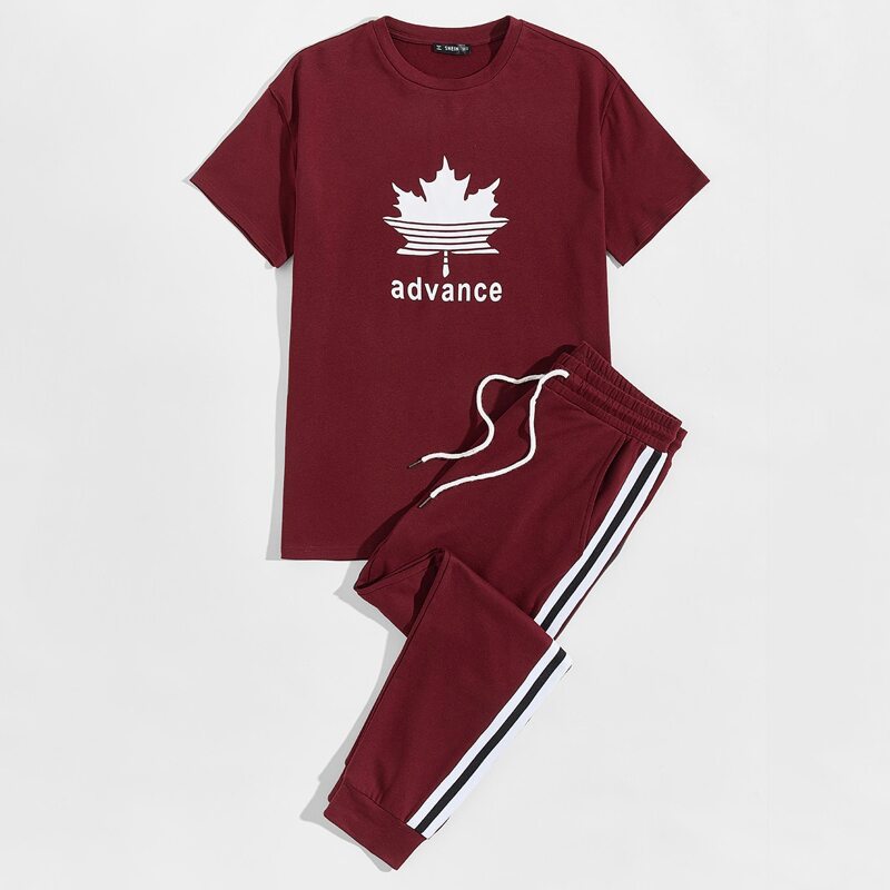 

Guys Graphic Print Top & Striped Tape Side Joggers Set, Burgundy