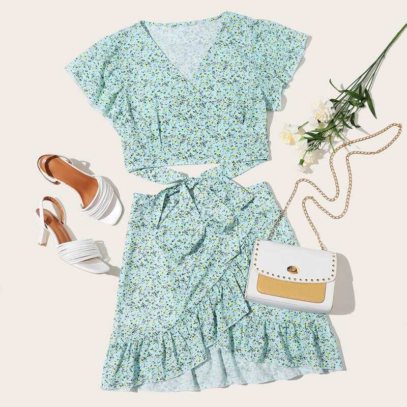 

Ditsy Floral Wrap Top & Ruffle Hem Skirt, Blue