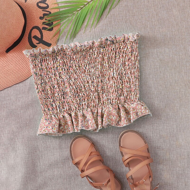 

Chiffon Ditsy Floral Shirred Tube Top, Pink