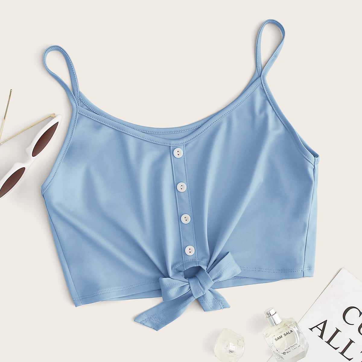 

Knot Hem Button Blue Crop Cami