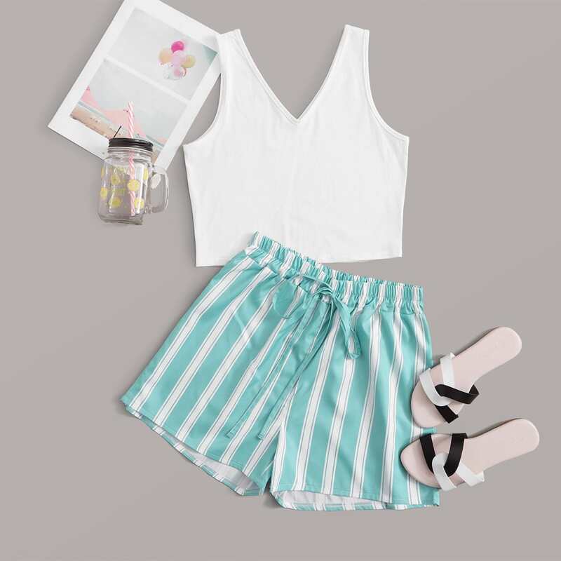 

White Tank & Striped Shorts, Multicolor