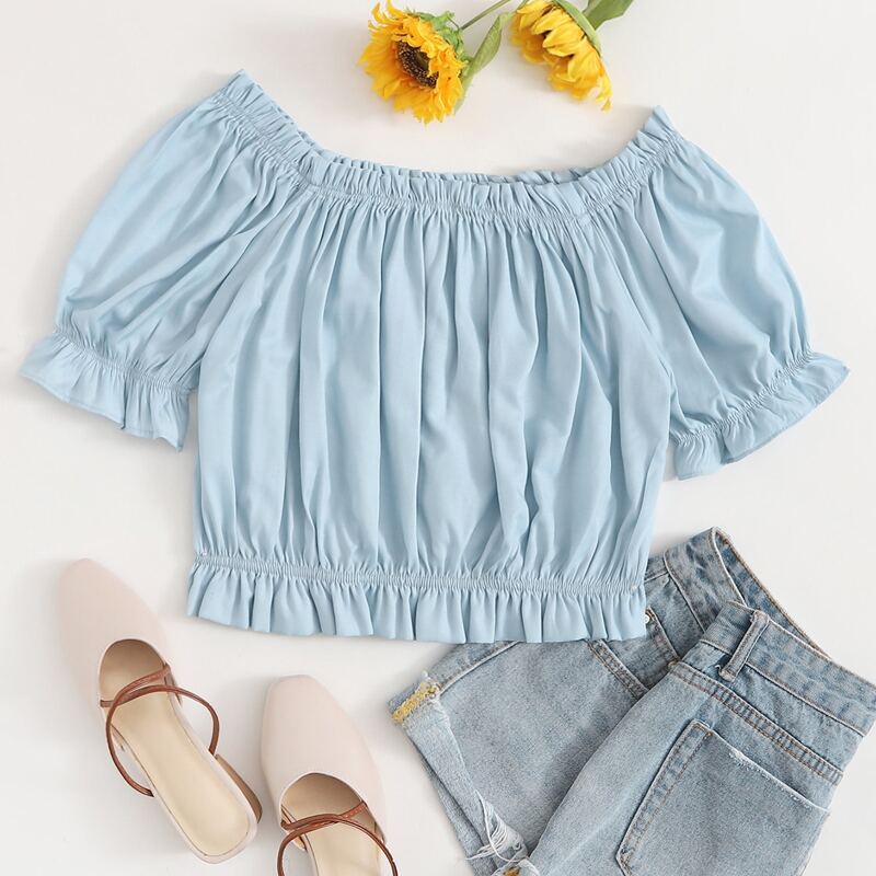 

Frill Trim Blue Crop Blouse