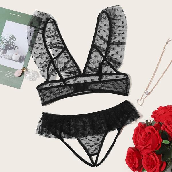 

Polka Dot Ruffle Mesh Lingerie Set, Black