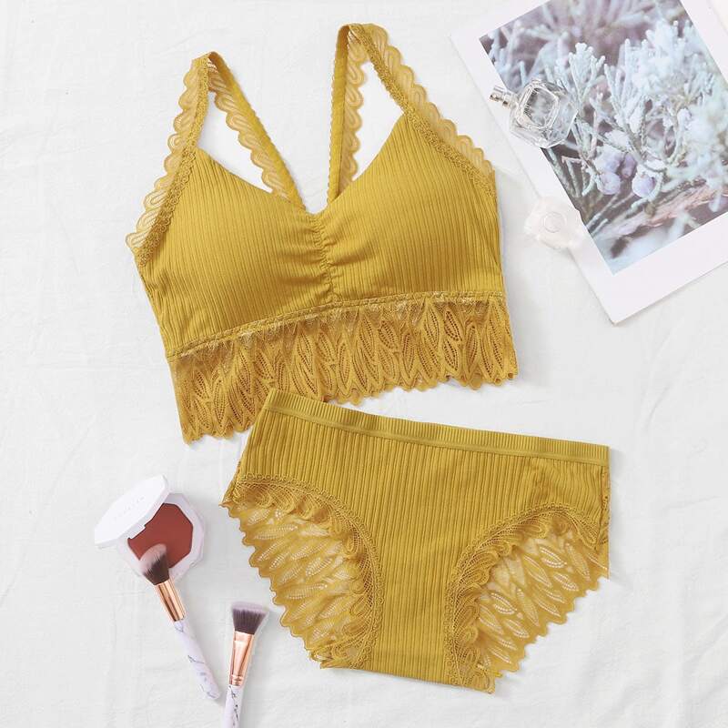 

Lace Trim Ribbed Lingerie Set, Yellow