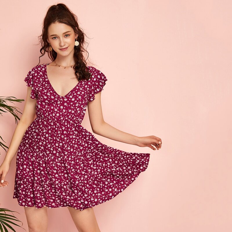 

Ditsy Floral Ruffle Hem Dress, Red