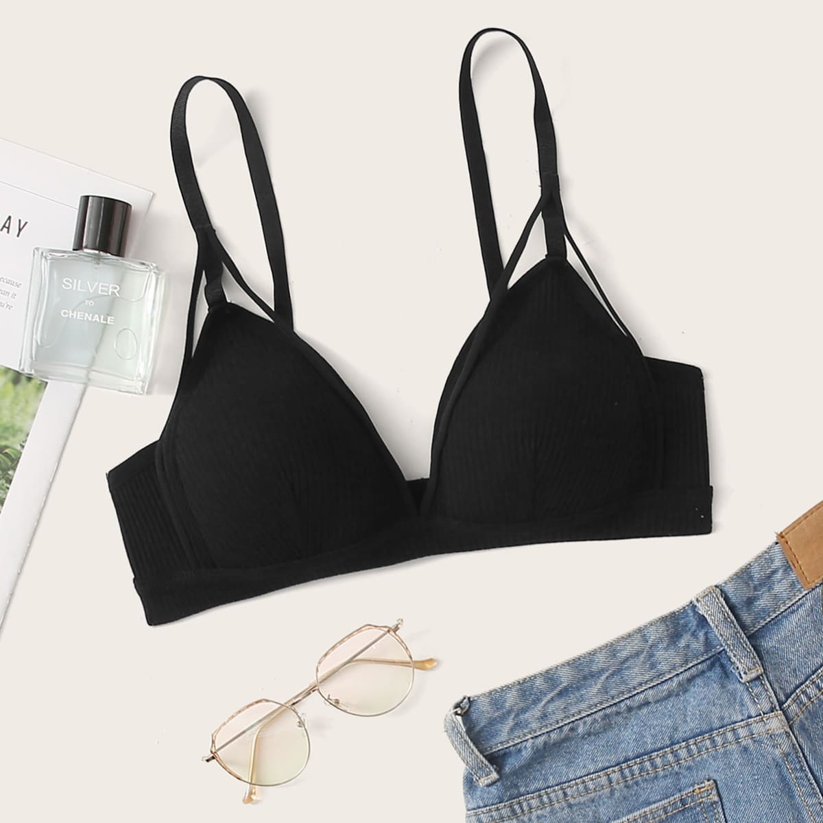 

Ribbed Harness Bra, Black